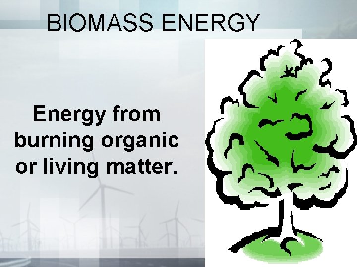 BIOMASS ENERGY Energy from burning organic or living matter. 