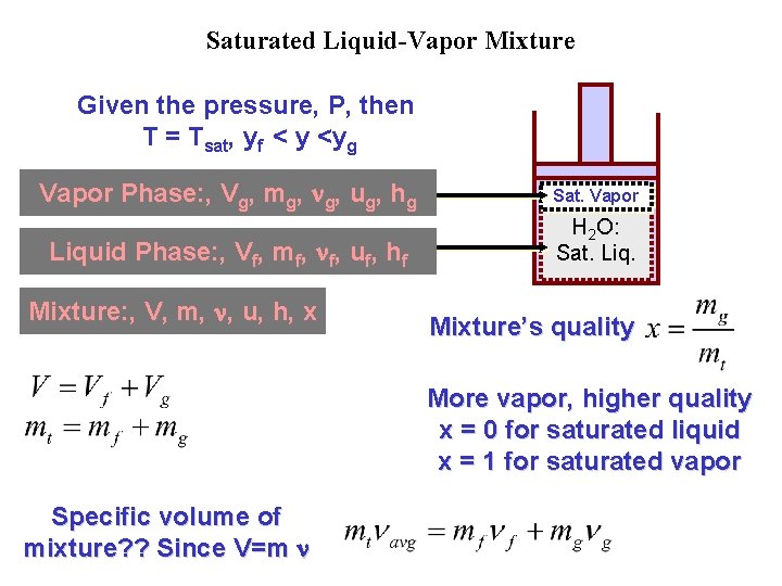 Saturated Liquid-Vapor Mixture Given the pressure, P, then T = Tsat, yf < y