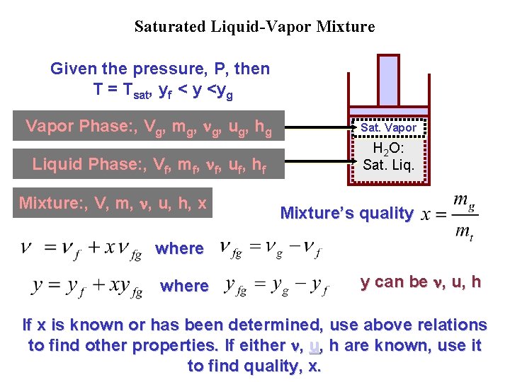 Saturated Liquid-Vapor Mixture Given the pressure, P, then T = Tsat, yf < y