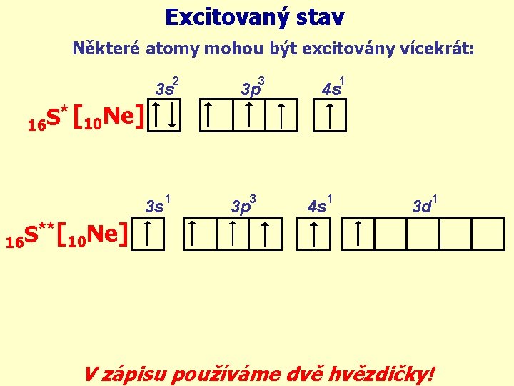 Excitovaný stav Některé atomy mohou být excitovány vícekrát: 2 * [10 Ne] 3 s