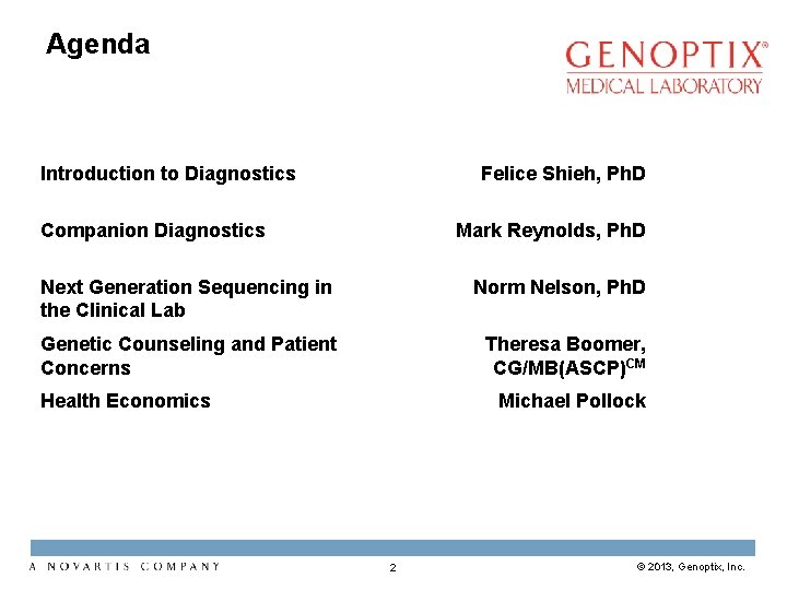 Agenda Introduction to Diagnostics Felice Shieh, Ph. D Companion Diagnostics Mark Reynolds, Ph. D