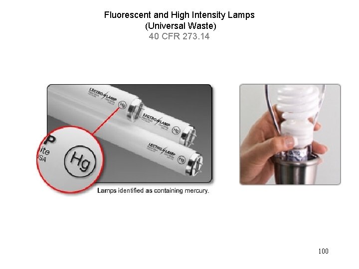 Fluorescent and High Intensity Lamps (Universal Waste) 40 CFR 273. 14 100 