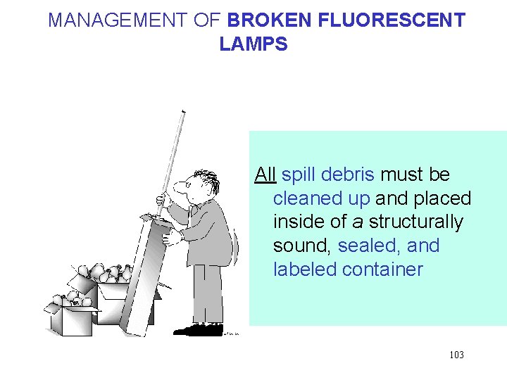  MANAGEMENT OF BROKEN FLUORESCENT LAMPS All spill debris must be cleaned up and