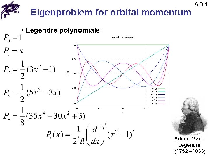 Eigenproblem for orbital momentum 6. D. 1 • Legendre polynomials: Adrien-Marie Legendre (1752 –