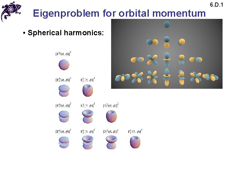 Eigenproblem for orbital momentum • Spherical harmonics: 6. D. 1 