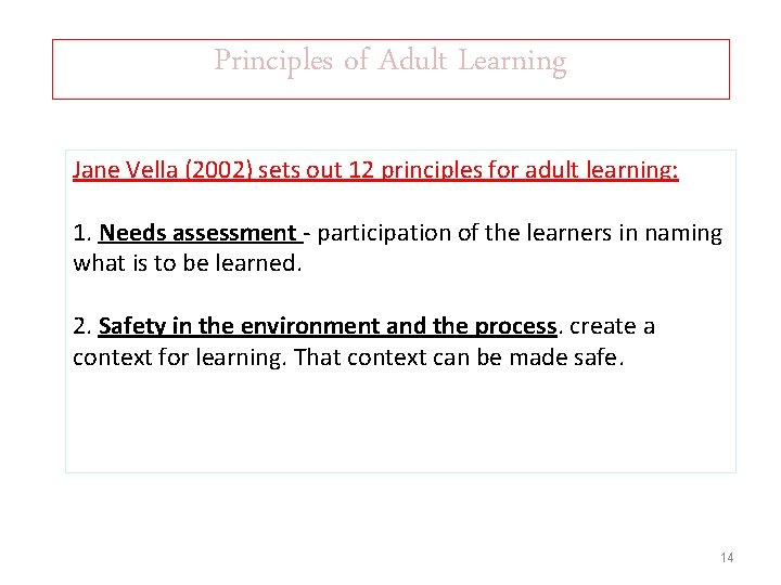 Principles of Adult Learning Jane Vella (2002) sets out 12 principles for adult learning: