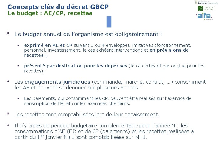 Concepts clés du décret GBCP Le budget : AE/CP, recettes 9 } } Le
