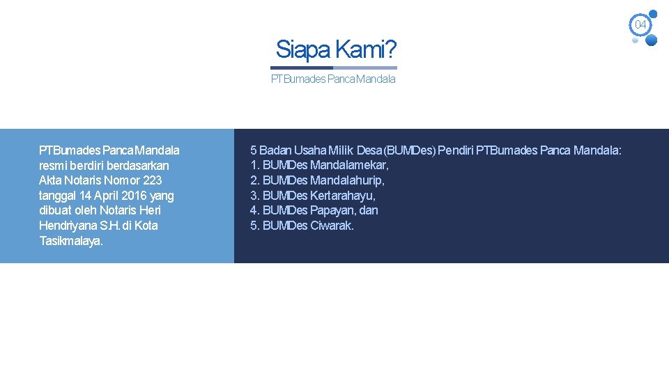 04 Siapa Kami? PTBumades Panca Mandala resmi berdiri berdasarkan Akta Notaris Nomor 223 tanggal 04 Siapa Kami? PTBumades Panca Mandala resmi berdiri berdasarkan Akta Notaris Nomor 223 tanggal