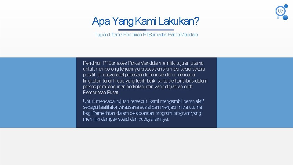 05 Apa Yang Kami Lakukan? Tujuan Utama Pendirian PTBumades Panca Mandala memiliki tujuan utama 05 Apa Yang Kami Lakukan? Tujuan Utama Pendirian PTBumades Panca Mandala memiliki tujuan utama