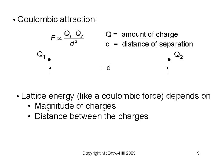  • Coulombic attraction: Q 1 Q = amount of charge d = distance