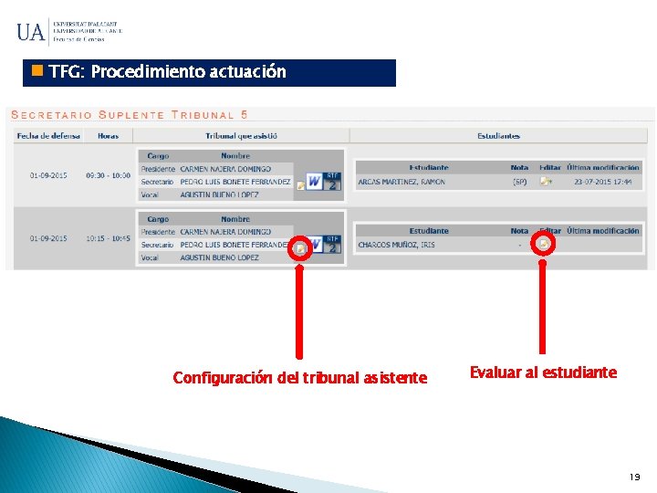  TFG: Procedimiento actuación Configuración del tribunal asistente Evaluar al estudiante 19 