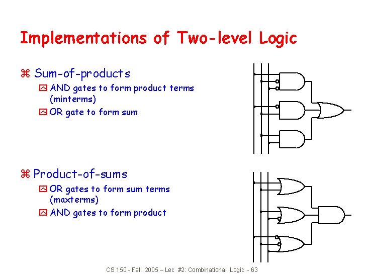 Implementations of Two-level Logic z Sum-of-products y AND gates to form product terms (minterms)