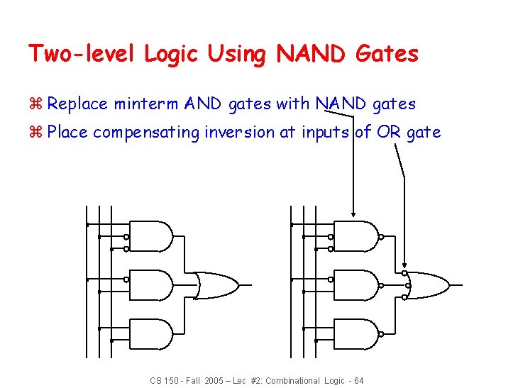 Two-level Logic Using NAND Gates z Replace minterm AND gates with NAND gates z