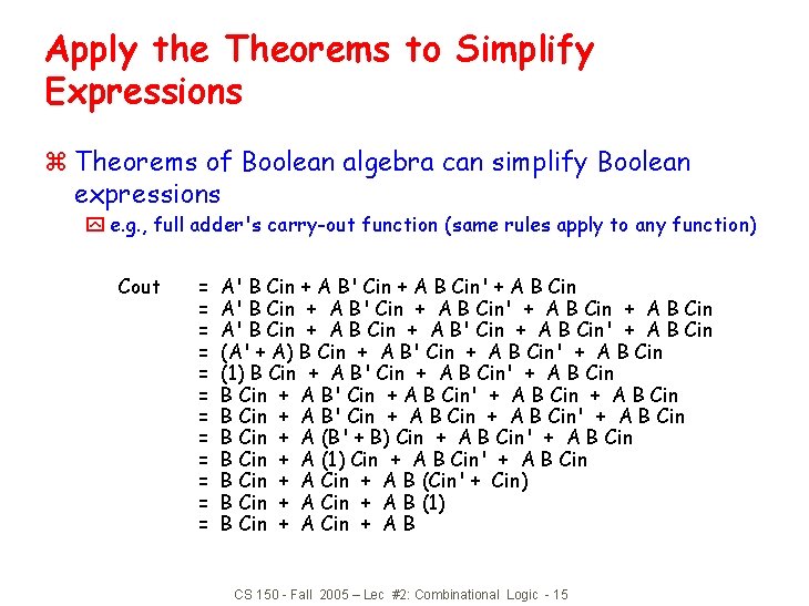 Apply the Theorems to Simplify Expressions z Theorems of Boolean algebra can simplify Boolean