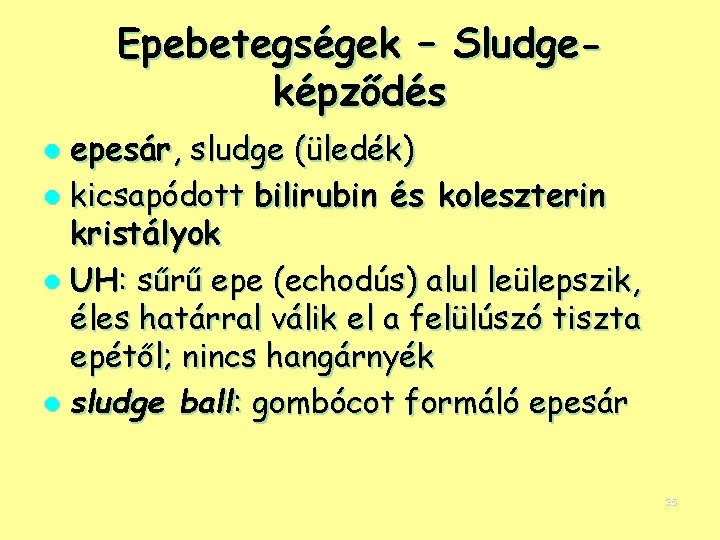 Epebetegségek – Sludgeképződés epesár, sludge (üledék) l kicsapódott bilirubin és koleszterin kristályok l UH: