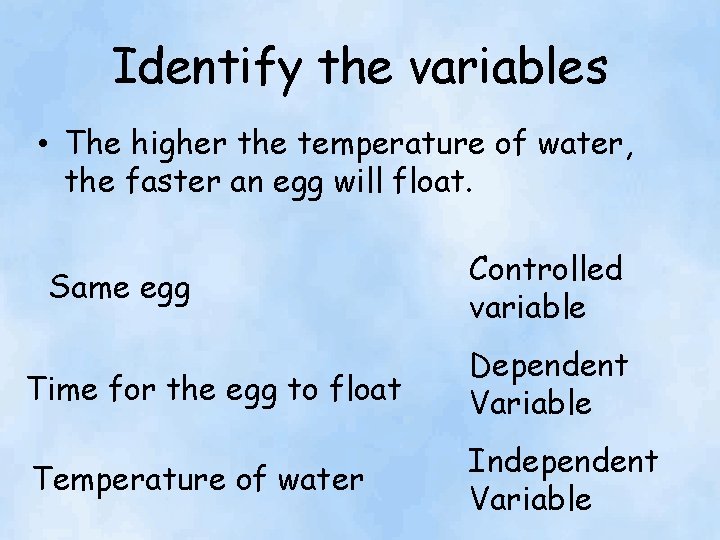 Identify the variables • The higher the temperature of water, the faster an egg