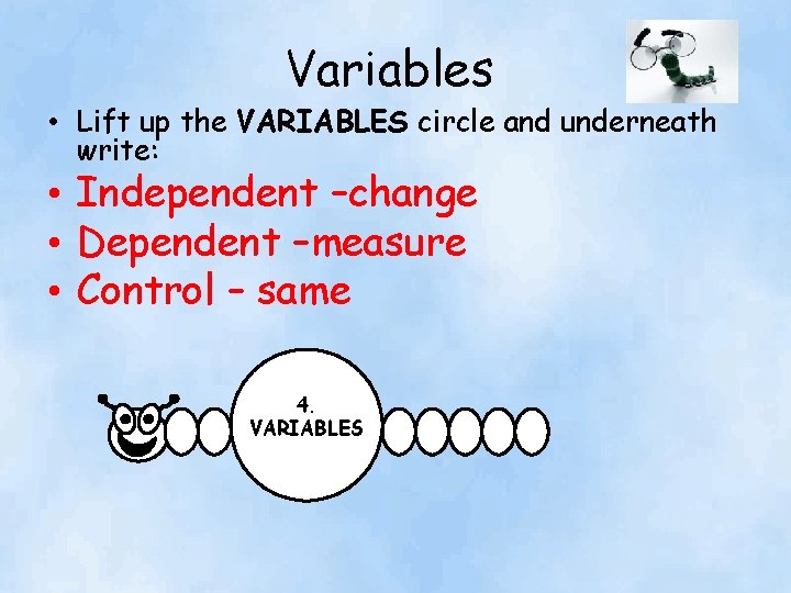 Variables • Lift up the VARIABLES circle and underneath write: • Independent –change •