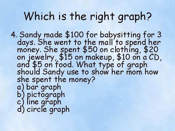 Which is the right graph? 4. Sandy made $100 for babysitting for 3 days.