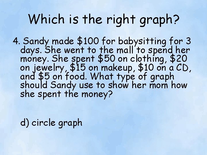 Which is the right graph? 4. Sandy made $100 for babysitting for 3 days.