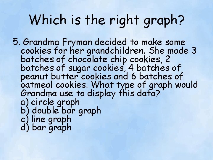 Which is the right graph? 5. Grandma Fryman decided to make some cookies for