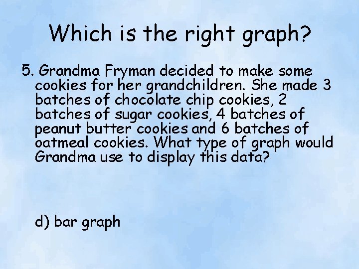 Which is the right graph? 5. Grandma Fryman decided to make some cookies for