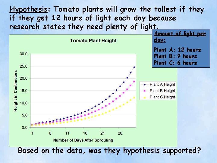 Hypothesis: Tomato plants will grow the tallest if they get 12 hours of light