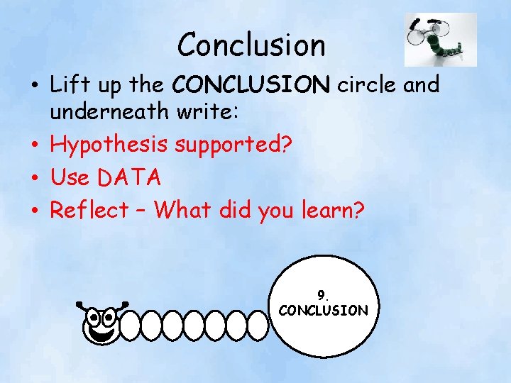 Conclusion • Lift up the CONCLUSION circle and underneath write: • Hypothesis supported? •