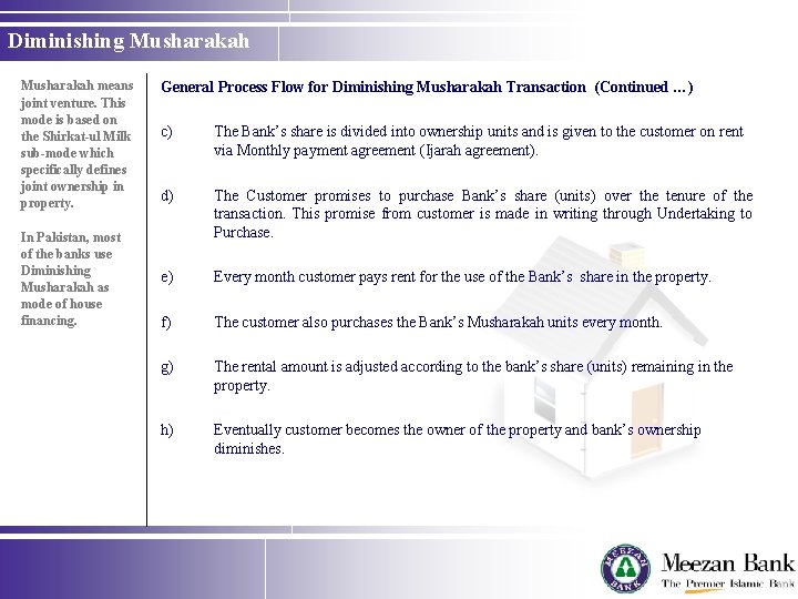 Diminishing Musharakah means joint venture. This mode is based on the Shirkat-ul Milk sub-mode