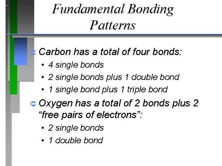 Fundamental Bonding Patterns Û Carbon • • • has a total of four bonds: