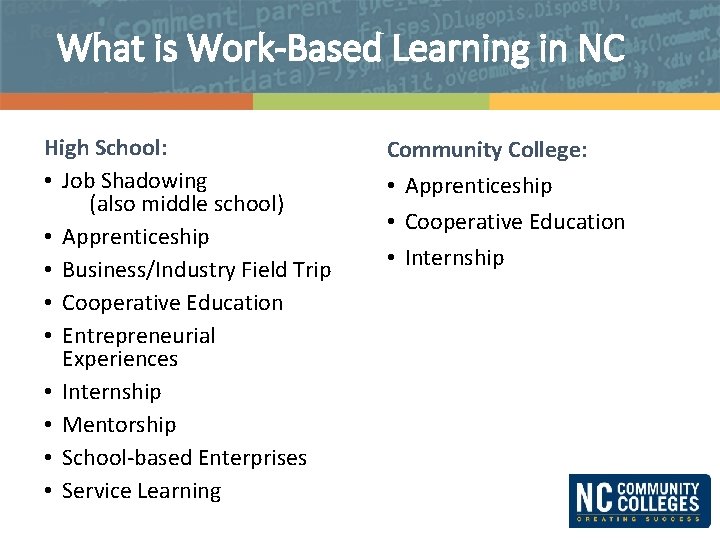 What is Work-Based Learning in NC High School: • Job Shadowing (also middle school)