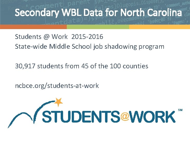 Secondary WBL Data for North Carolina Students @ Work 2015 -2016 State-wide Middle School
