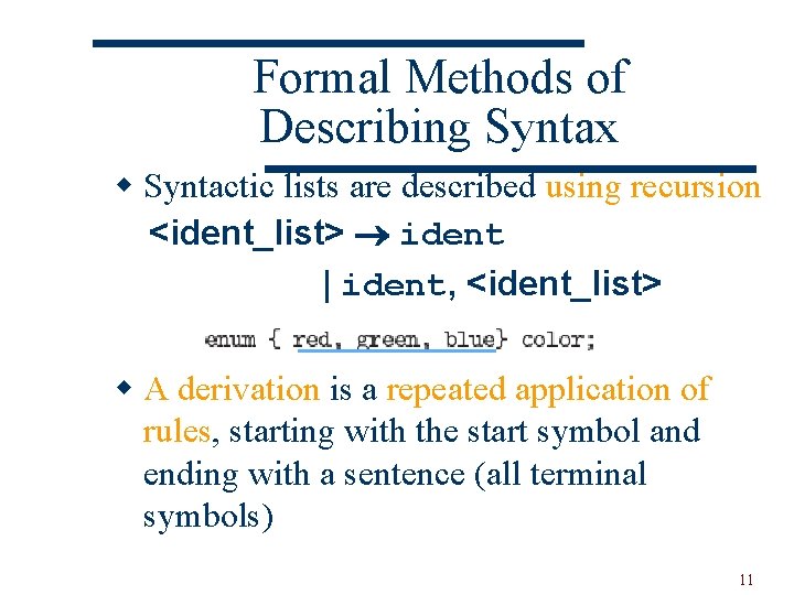 Formal Methods of Describing Syntax w Syntactic lists are described using recursion <ident_list> ident