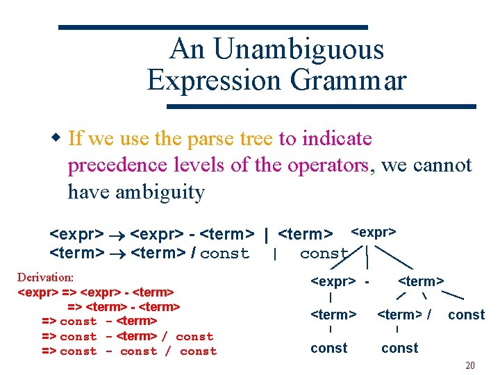 An Unambiguous Expression Grammar w If we use the parse tree to indicate precedence