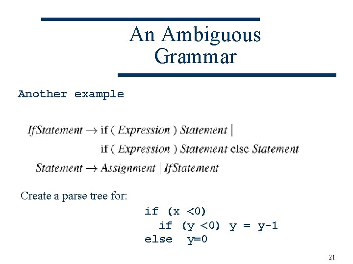 An Ambiguous Grammar Another example Create a parse tree for: if (x <0) if