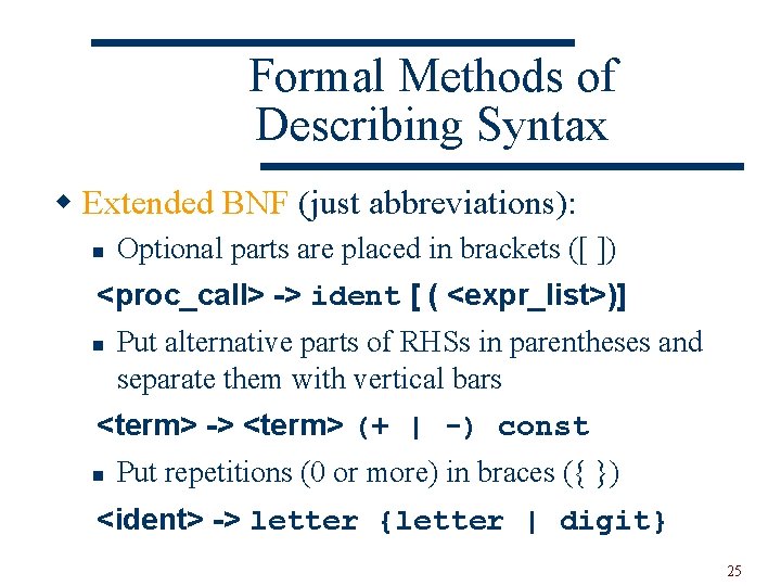 Formal Methods of Describing Syntax w Extended BNF (just abbreviations): n Optional parts are