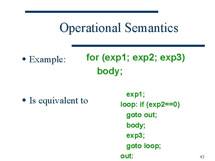 Operational Semantics w Example: for (exp 1; exp 2; exp 3) body; w Is