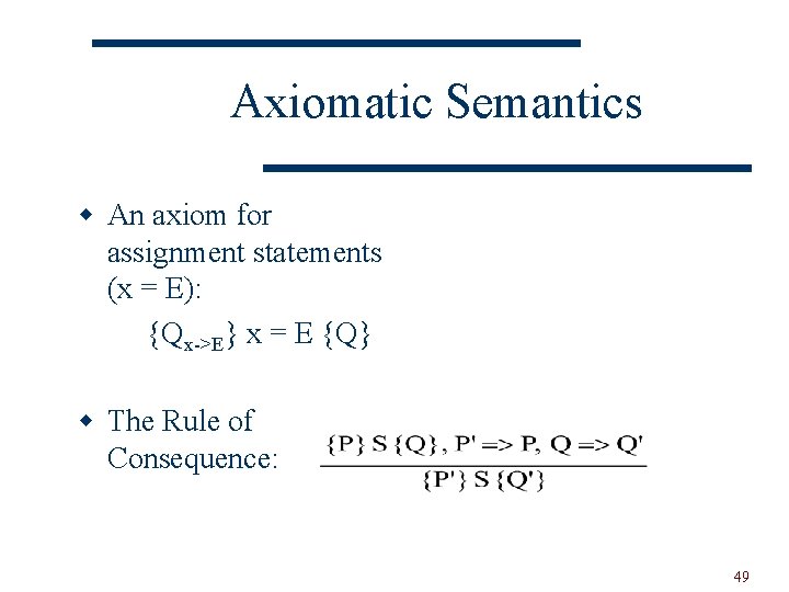 Axiomatic Semantics w An axiom for assignment statements (x = E): {Qx->E} x =