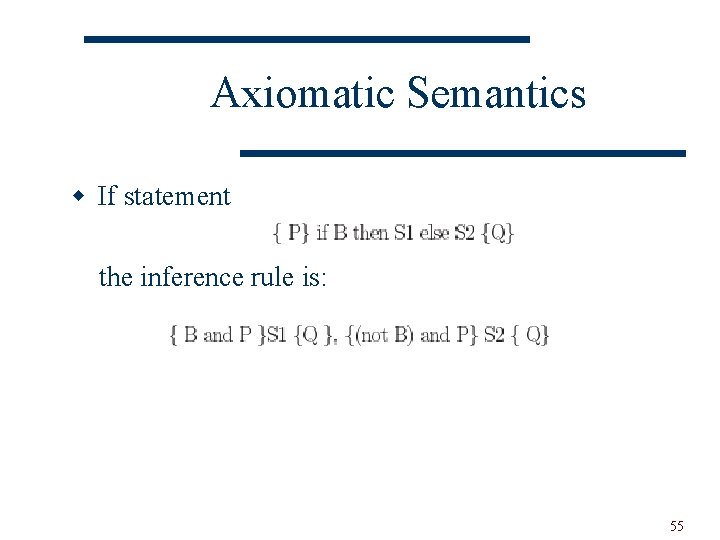 Axiomatic Semantics w If statement the inference rule is: 55 