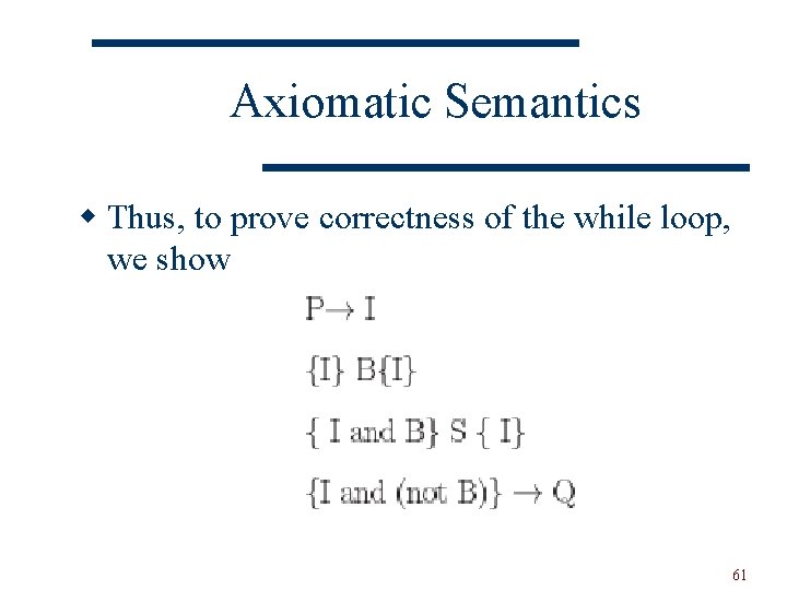 Axiomatic Semantics w Thus, to prove correctness of the while loop, we show 61