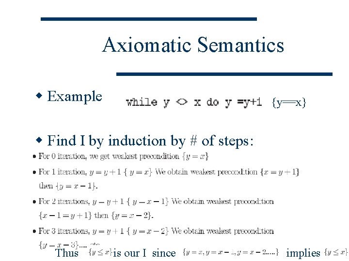 Axiomatic Semantics w Example {y==x} w Find I by induction by # of steps: