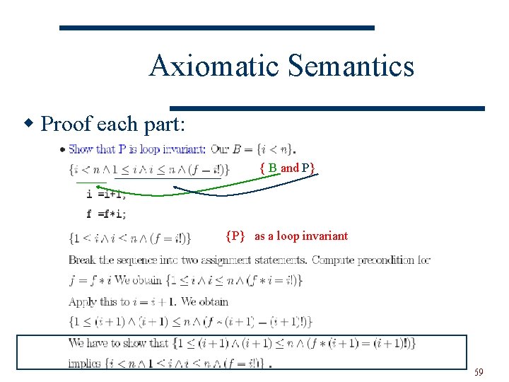 Axiomatic Semantics w Proof each part: { B and P} {P} as a loop