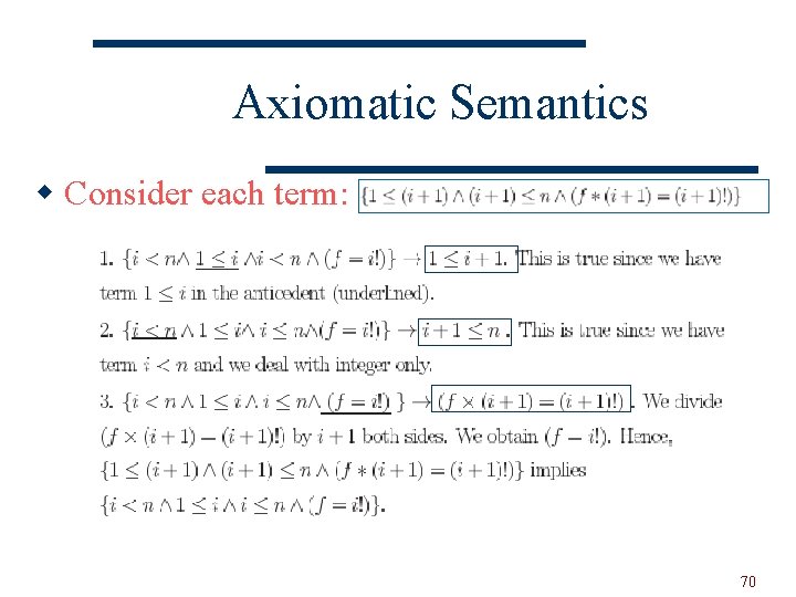Axiomatic Semantics w Consider each term: 70 