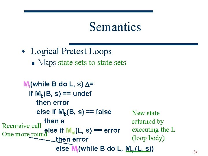 Semantics w Logical Pretest Loops n Maps state sets to state sets Ml(while B