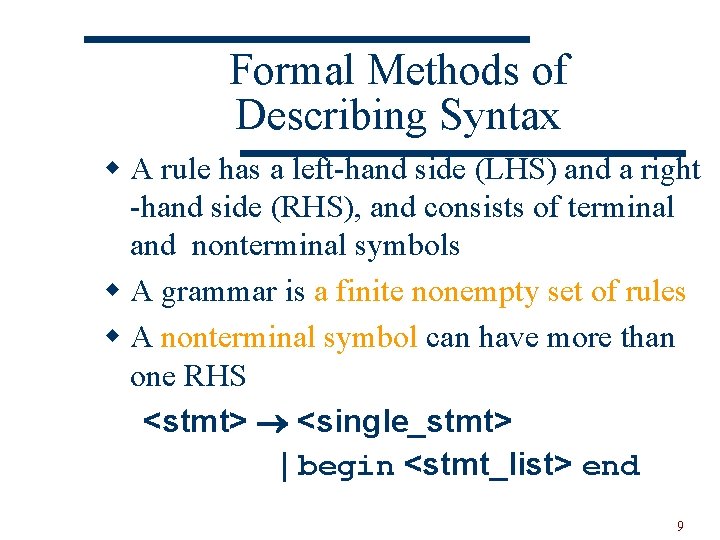 Formal Methods of Describing Syntax w A rule has a left-hand side (LHS) and