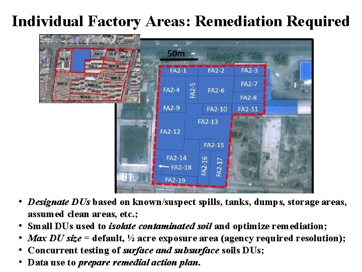 Individual Factory Areas: Remediation Required • Designate DUs based on known/suspect spills, tanks, dumps,