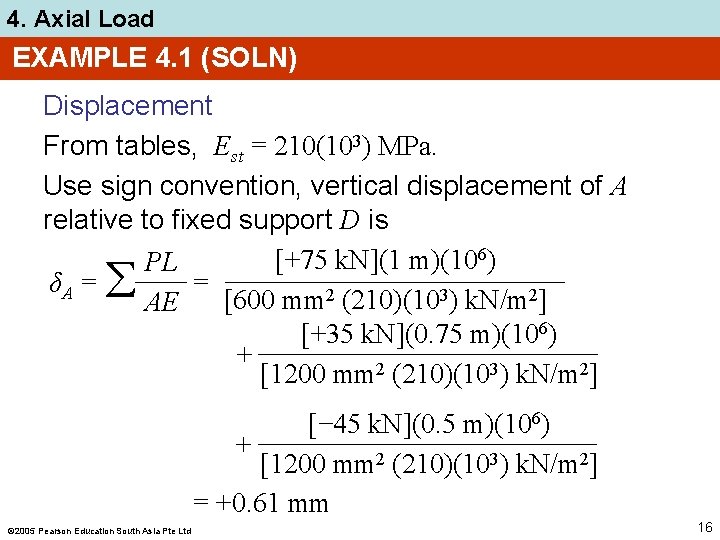 4. Axial Load EXAMPLE 4. 1 (SOLN) Displacement From tables, Est = 210(103) MPa.