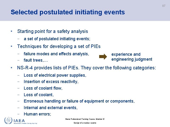 87 Selected postulated initiating events • Starting point for a safety analysis − a