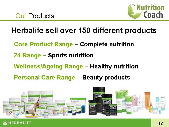 Our Products Herbalife sell over 150 different products Core Product Range – Complete nutrition