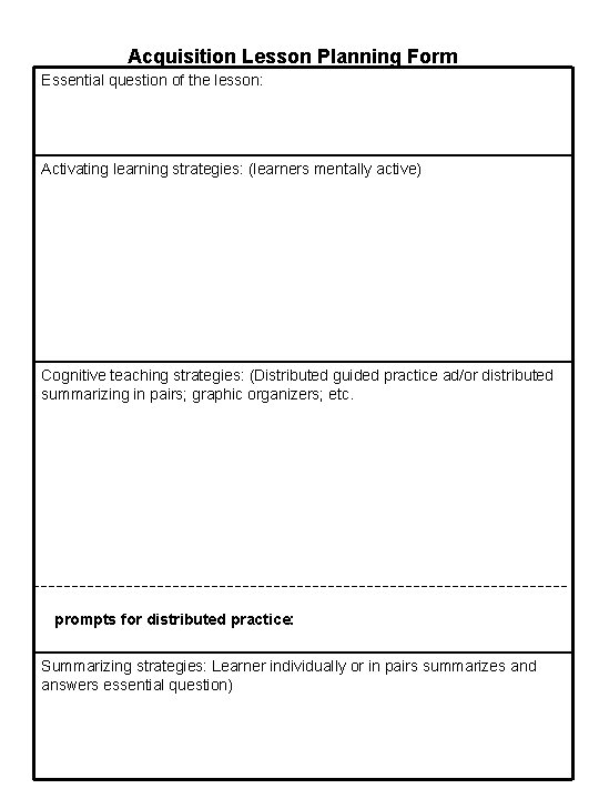 Acquisition Lesson Planning Form Essential question of the lesson: Activating learning strategies: (learners mentally