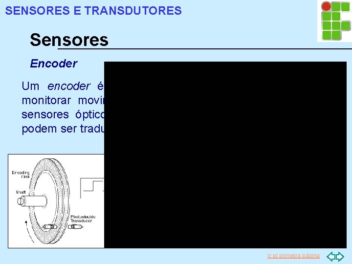 SENSORES E TRANSDUTORES Sensores Encoder Um encoder é um dispositivo eletromecânico que pode monitorar